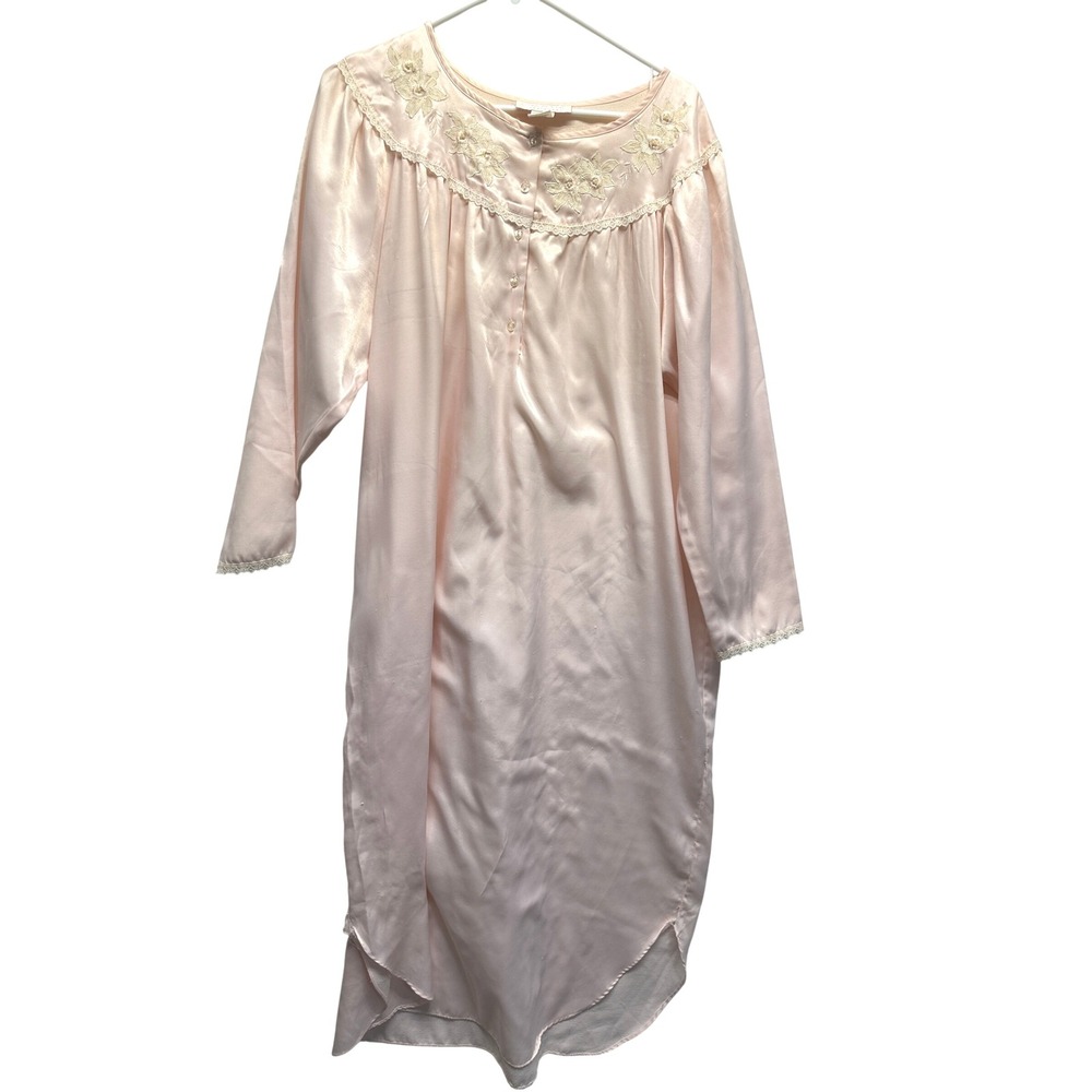 Vintage Oscar de la Renta Pink Label Satin Floral Embroidered‎ Nightgown L